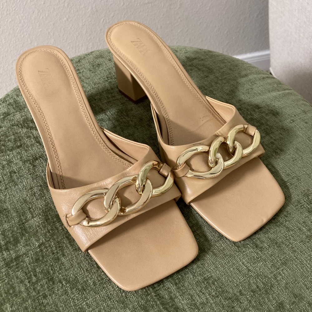 Zara Tan Gold Chain Mules